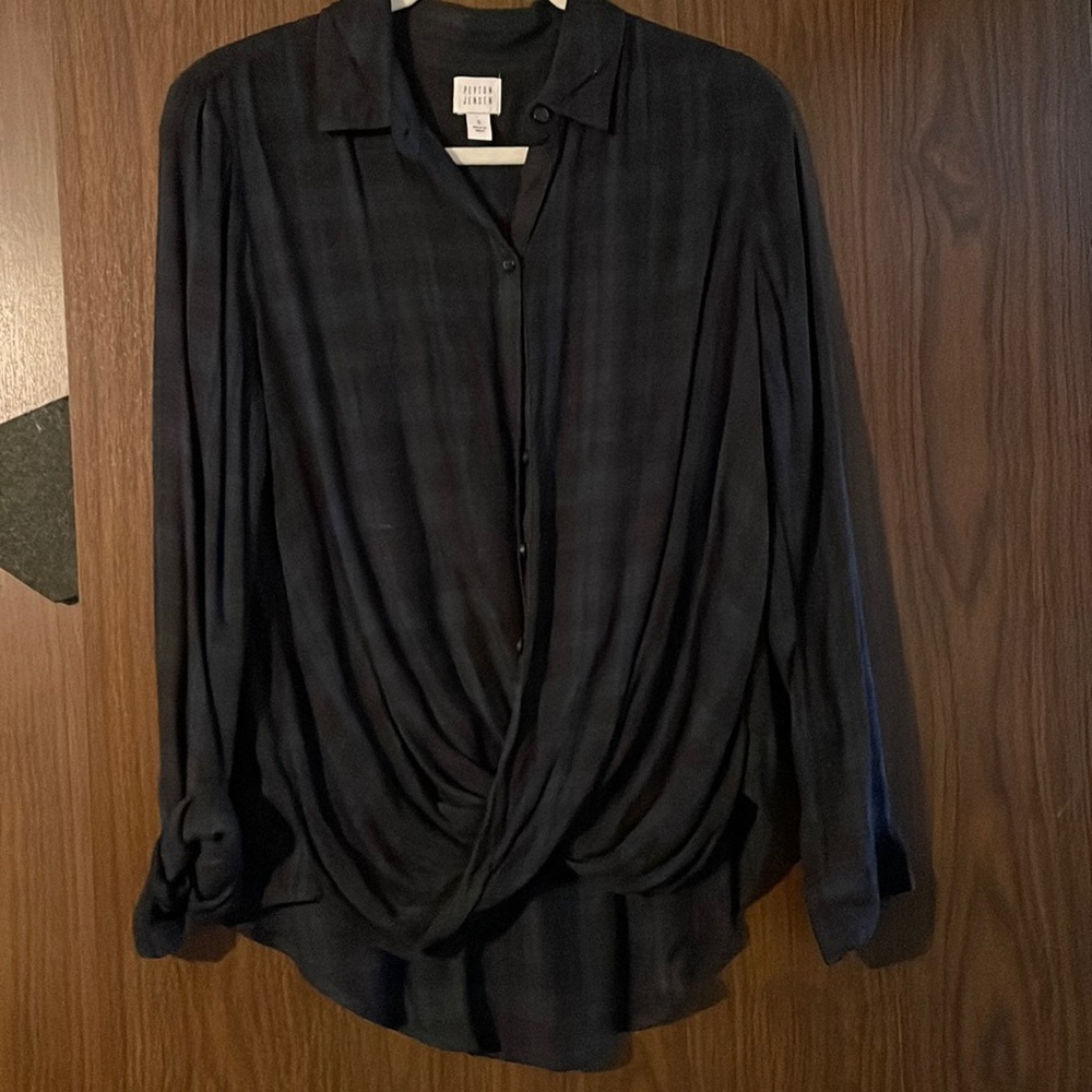 Black and blue check, tie at the bottom, Peyton Jensen